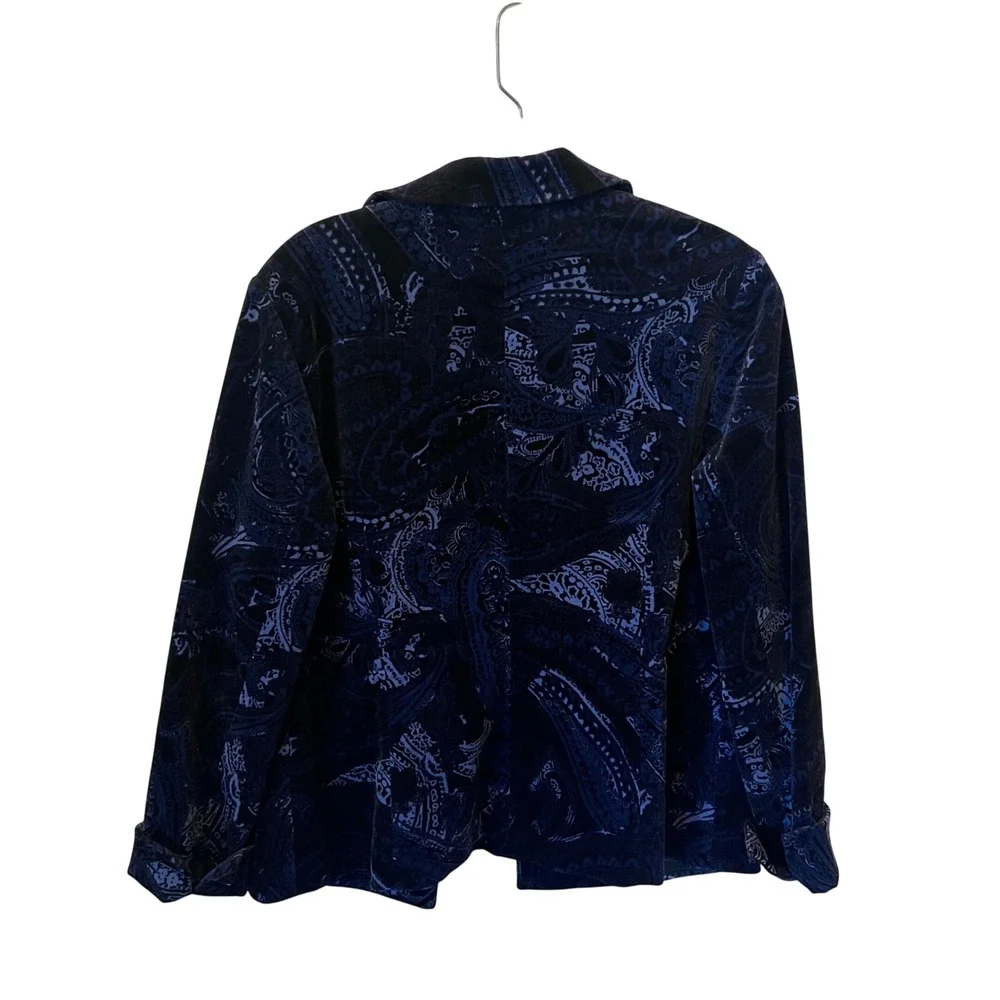 Chicos Blue Paisley Velvet Blazer Open Front Jacket Size 1 M Notched Lapel Lined